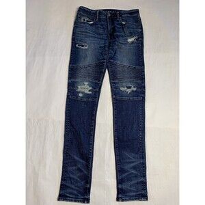 American Eagle Jeans Mens 31x32 Blue Stacked Skinny Distressed Preppy Airflex +